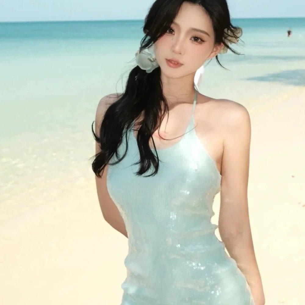 Elegant Light green Sequin halter neck Dress